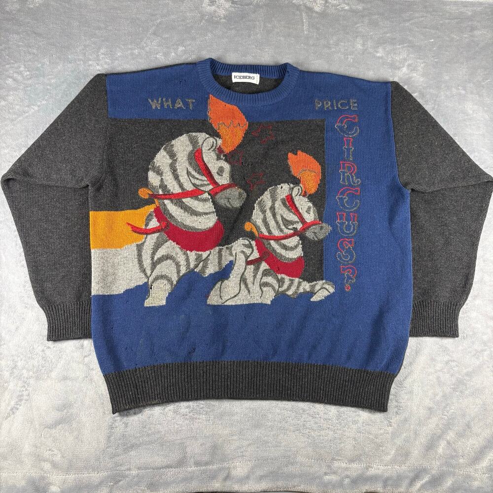 Vintage Iceberg Made in Italy Zebras What Price Circus Pullover Sweater Sz 2XL